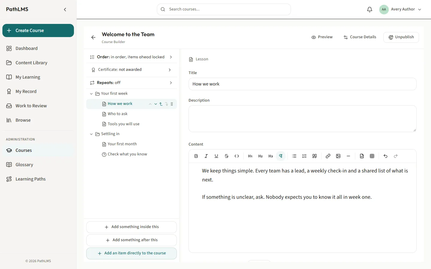 The course builder: the outline of a course on the left, and a lesson open for writing on the right.