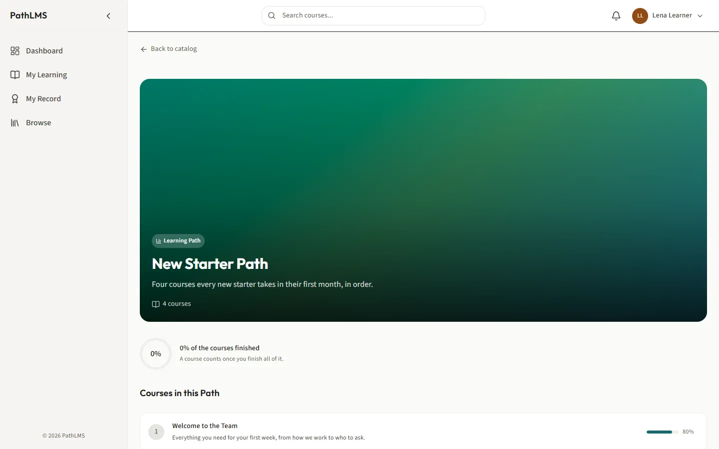 A learning path as a learner sees it: four courses in order, with progress on the first.