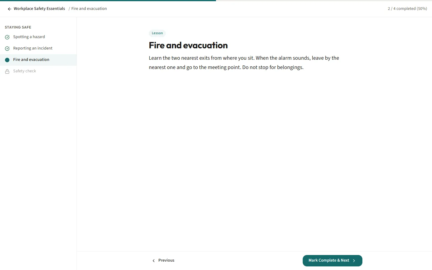 A lesson in a safety course: two steps done, the current one open, and the quiz still locked until it is reached.
