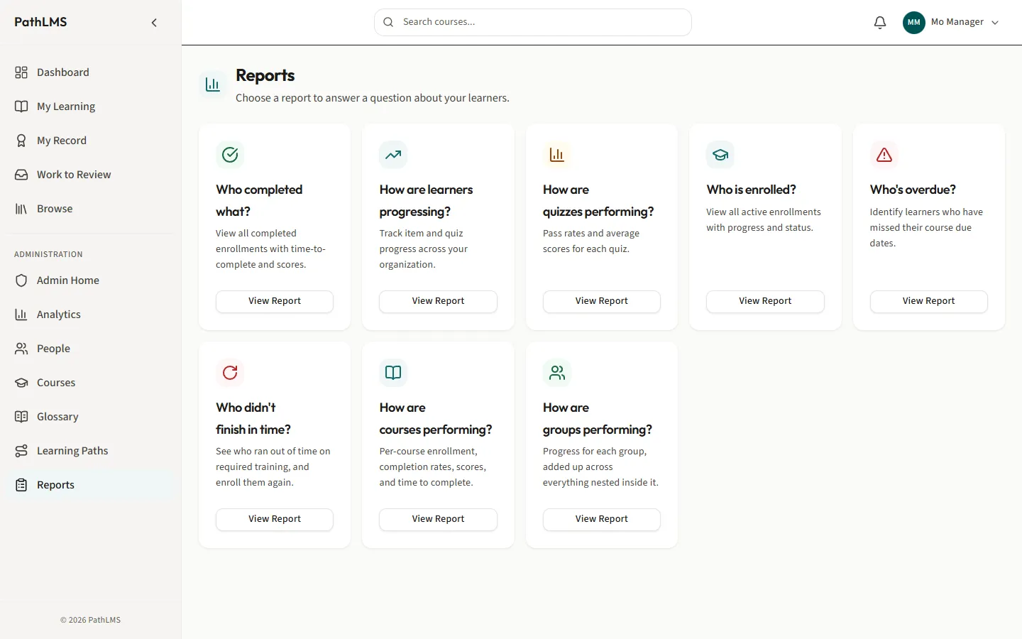 The Reports page: eight cards, each headed by a question such as Who completed what and Who's overdue.
